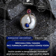 İridyumlu İnci, Turmalin, Lapis Lazuli Özel Tasarım Gümüş Yüzük (Kadın) (SK:006)