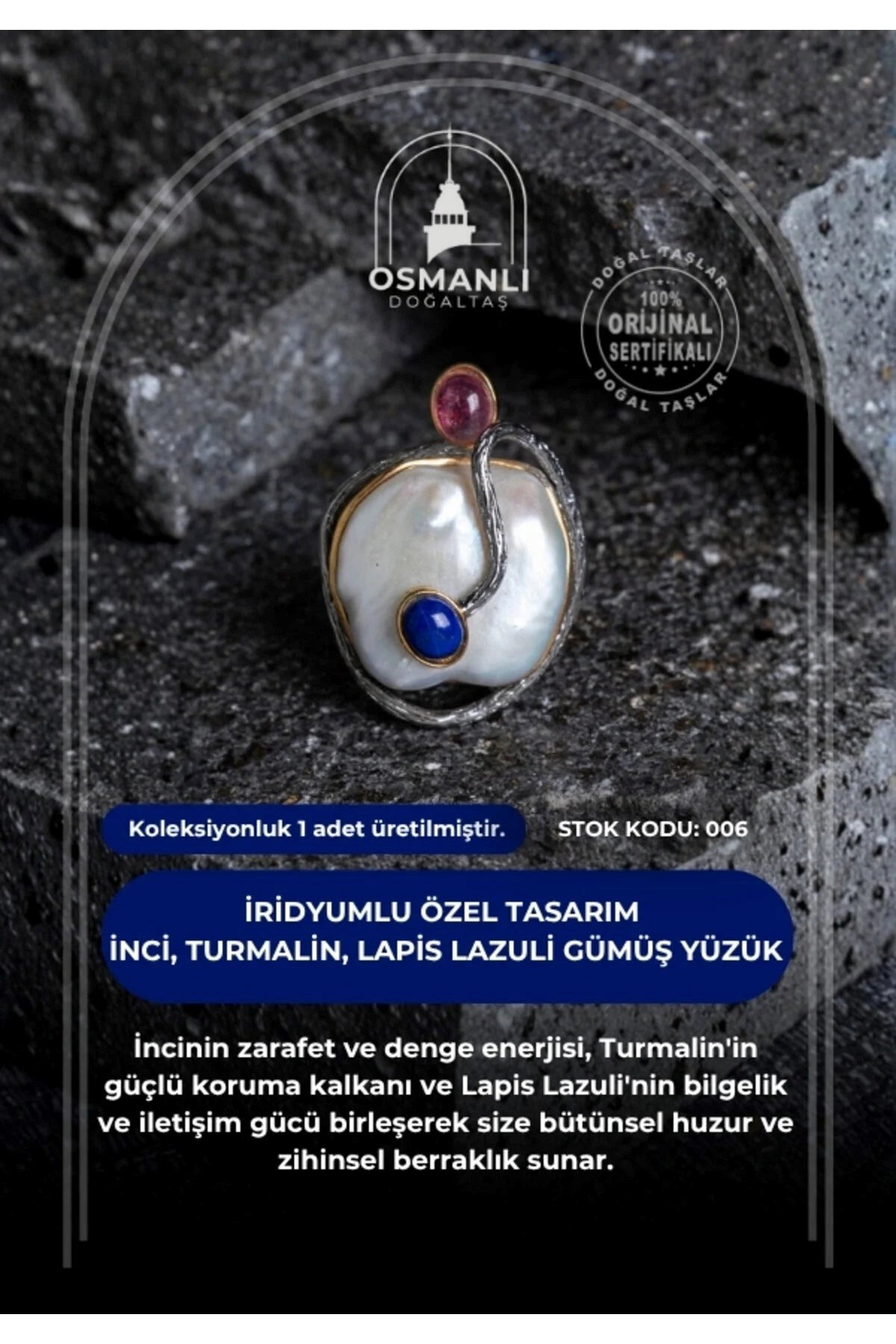 İridyumlu İnci, Turmalin, Lapis Lazuli Özel Tasarım Gümüş Yüzük (Kadın) (SK:006)