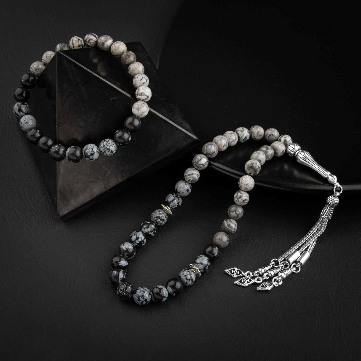 Gri Jasper & Karlı Obsidyen Doğal Taş Tesbih & Bileklik Seti