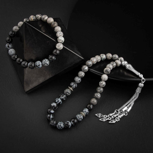 Gri Jasper & Karlı Obsidyen Doğal Taş Tesbih & Bileklik Seti