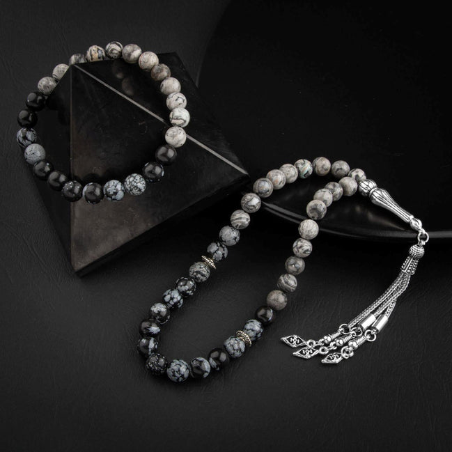 Gri Jasper & Karlı Obsidyen Doğal Taş Tesbih & Bileklik Seti
