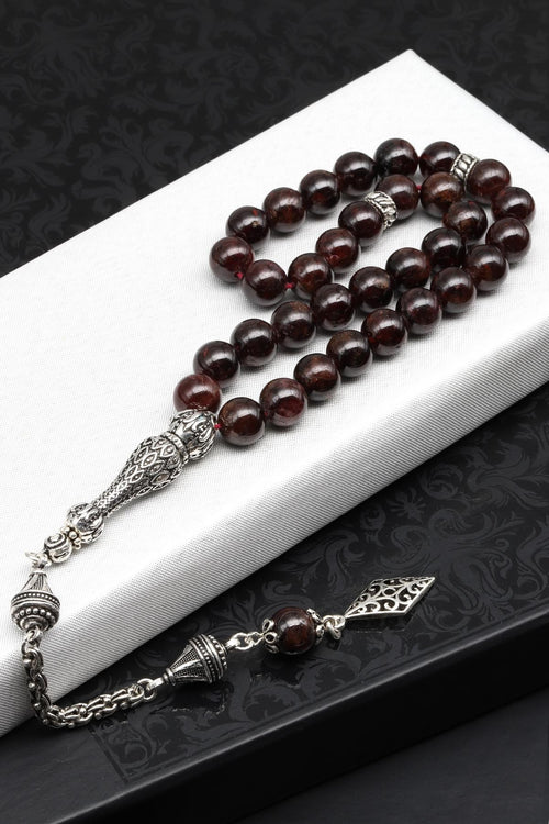 Garnet (Lal) Doğal Taş Tesbih 925 Ayar Gümüş – 8 mm Küre Kesim | 33’lü