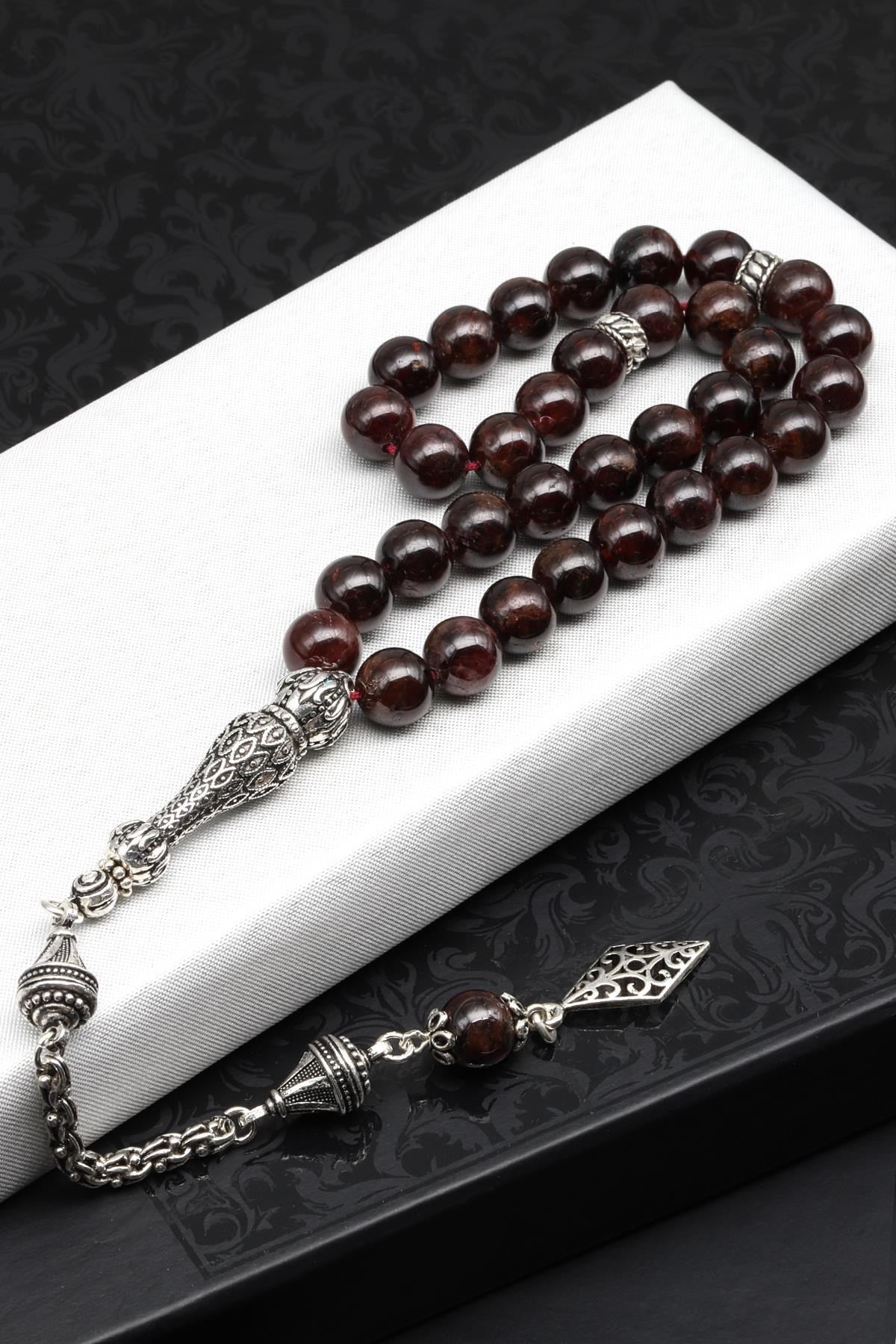 Garnet (Lal) Doğal Taş Tesbih 925 Ayar Gümüş – 8 mm Küre Kesim | 33’lü