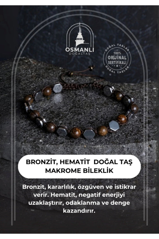 Bronzit, Hematit Doğal Taş Makrome Bileklik