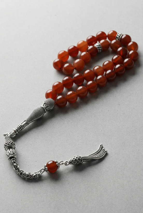 Akik Doğal Taş Tesbih – 925 Ayar Gümüş – 8 mm Küre Kesim