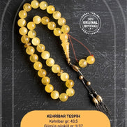 Lale Motifli 12,5 mm Küre Kesim Gold Kaplama Gümüş Kehribar Tesbih - 43,50 gr