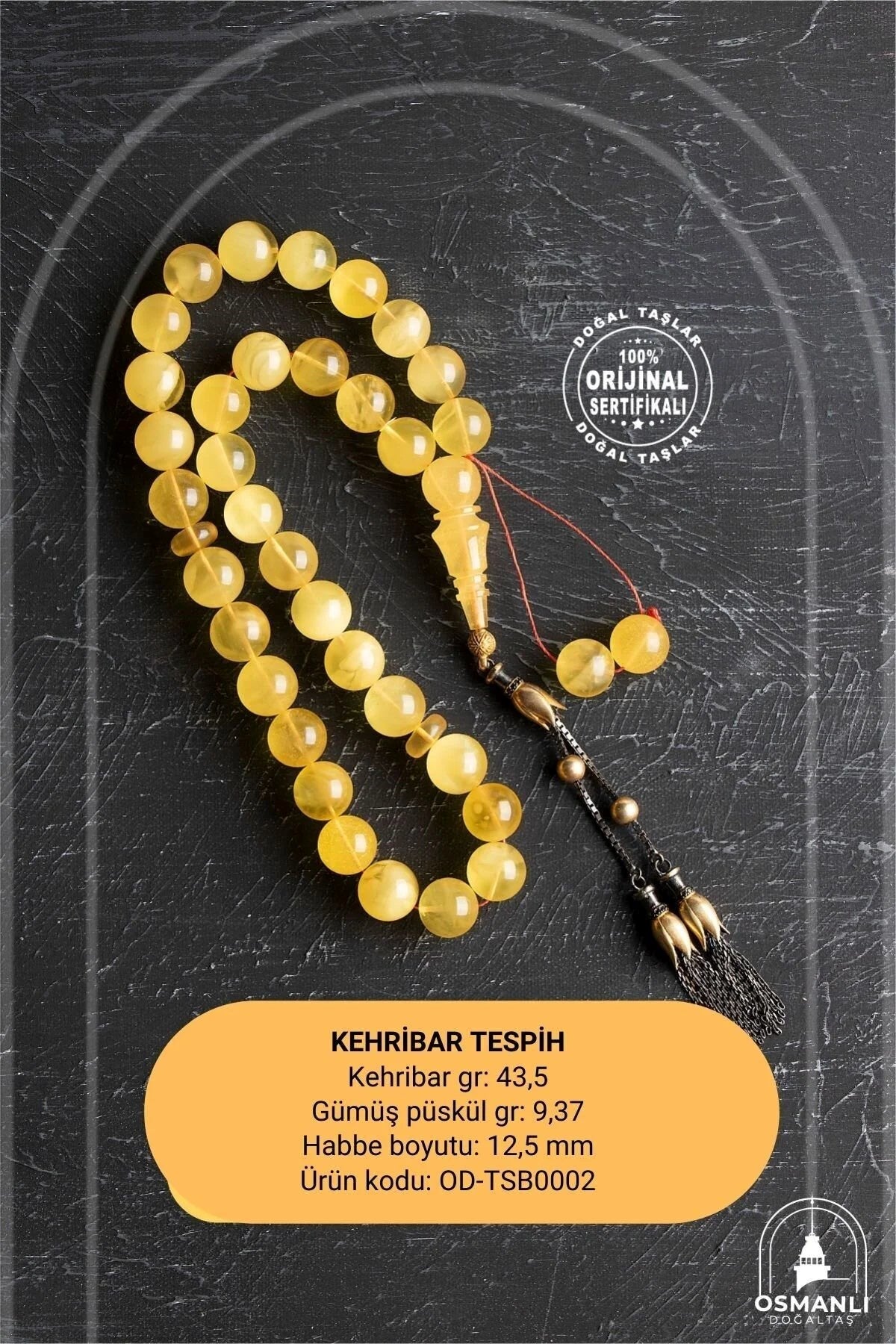Lale Motifli 12,5 mm Küre Kesim Gold Kaplama Gümüş Kehribar Tesbih - 43,50 gr