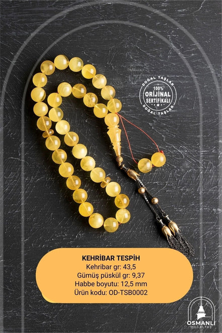 Lale Motifli 12,5 mm Küre Kesim Gold Kaplama Gümüş Kehribar Tesbih - 43,50 gr