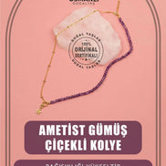 Ametist Doğal Taş Gümüş Çiçekli Kolye