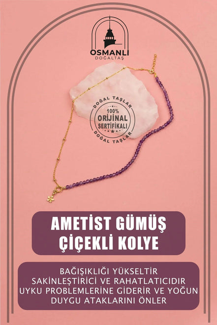 Ametist Doğal Taş Gümüş Çiçekli Kolye