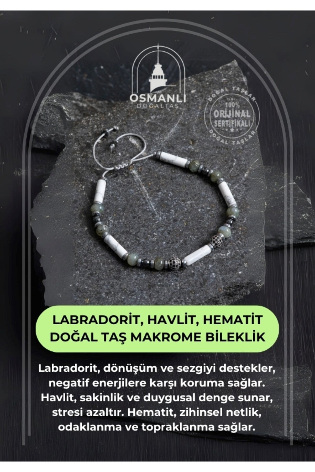 Sertifikalı Labradorit, Havlit, Hematit Doğal Taş Makrome Bileklik