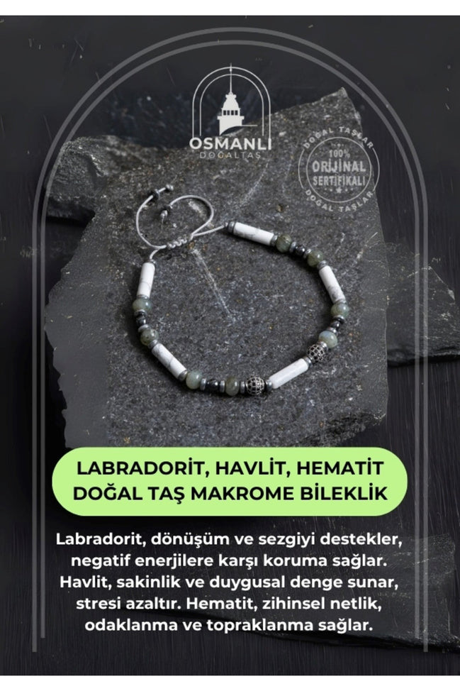 Sertifikalı Labradorit, Havlit, Hematit Doğal Taş Makrome Bileklik