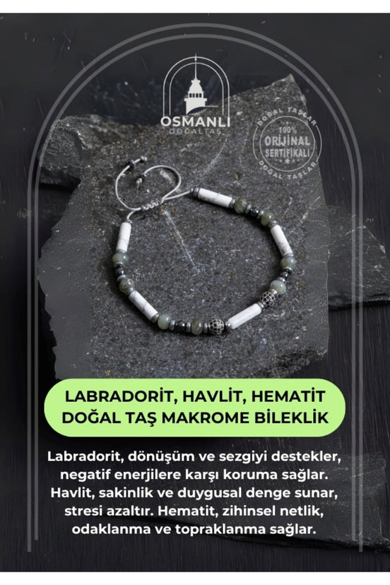 Sertifikalı Labradorit, Havlit, Hematit Doğal Taş Makrome Bileklik
