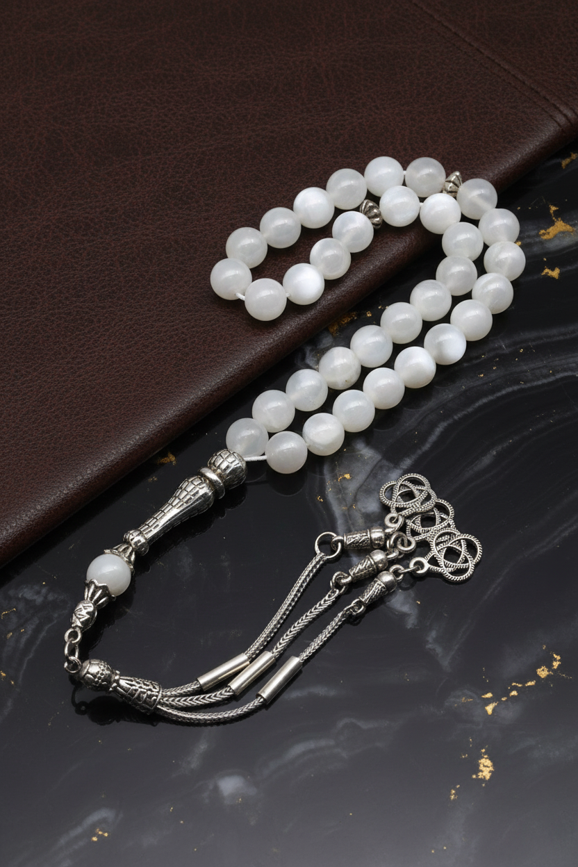 Ay Taşı Doğal Taş Tesbih – 8 mm Küre Kesim