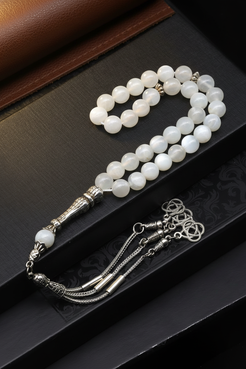 Ay Taşı Doğal Taş Tesbih – 8 mm Küre Kesim