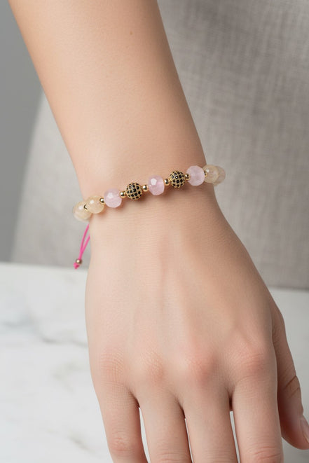 Sitrin ve Pembe Kuvars Doğal Taş Bileklik – Zirkon Aparatlı, Unisex Şık Tasarım