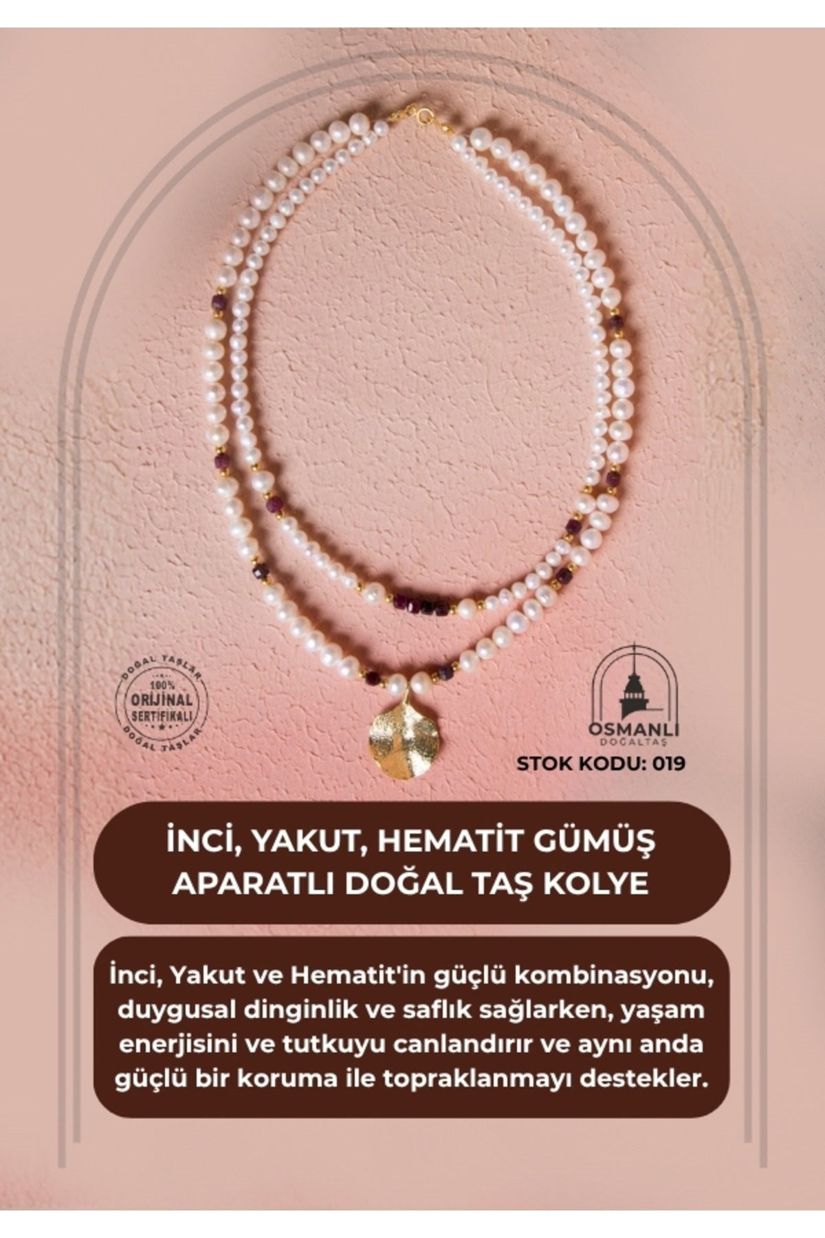 İnci, Yakut, Hematit Gümüş Aparatlı Doğal Taş Kolye (SK:019)
