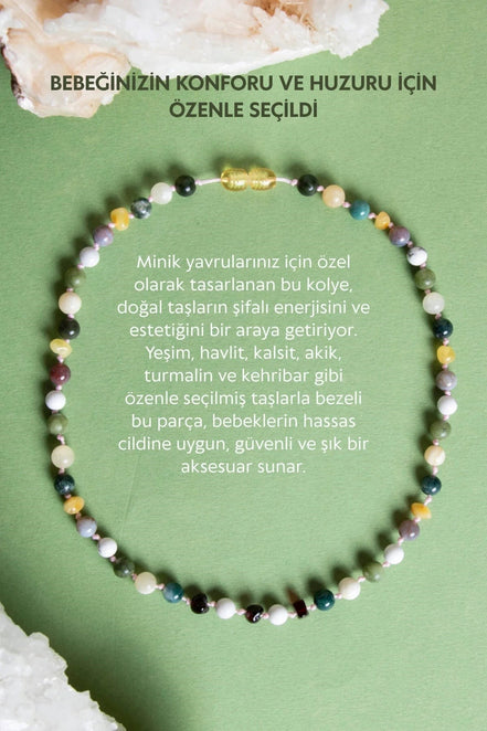 Bebek Kehribar Kolye-Kehribar, Yeşim, Havlit, Kalsit, Hint Akik, Yosunlu Akik