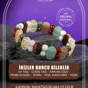 İkizler Burcu Bileklik Ay Taşı, Güneş Taşı, Kaplan Gözü, Pembe Kuvars, Sitrin, Yeşil Aventurin, Yeşim