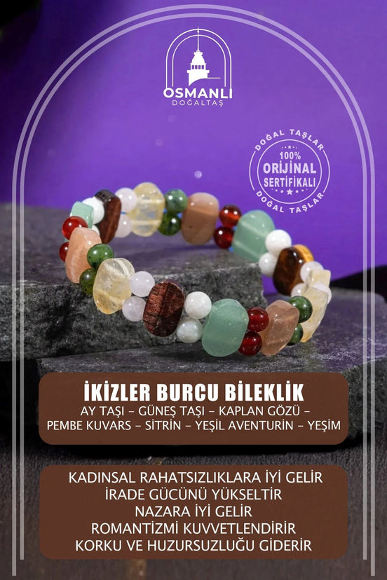 İkizler Burcu Bileklik Ay Taşı, Güneş Taşı, Kaplan Gözü, Pembe Kuvars, Sitrin, Yeşil Aventurin, Yeşim