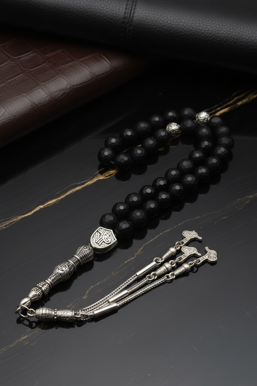 Mat Oniks Doğal Taş Tesbih – 8 mm Fasetli Küre Kesim