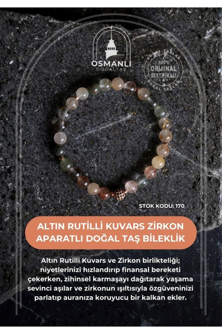 Sertifikalı Altın Rutilli Kuvars Zirkon Aparatlı Doğal Taş Bileklik - 8mm (SK:170)