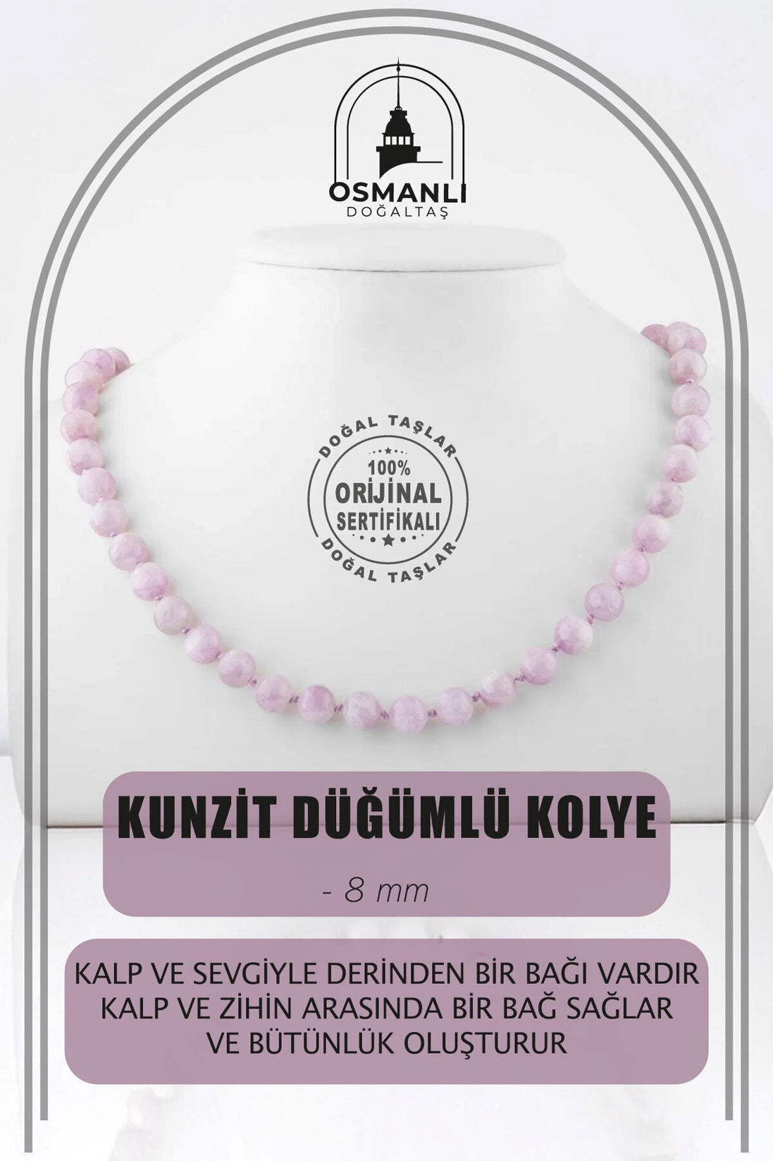 Kunzit 8 mm Düğümlü Doğal Taş Kolye