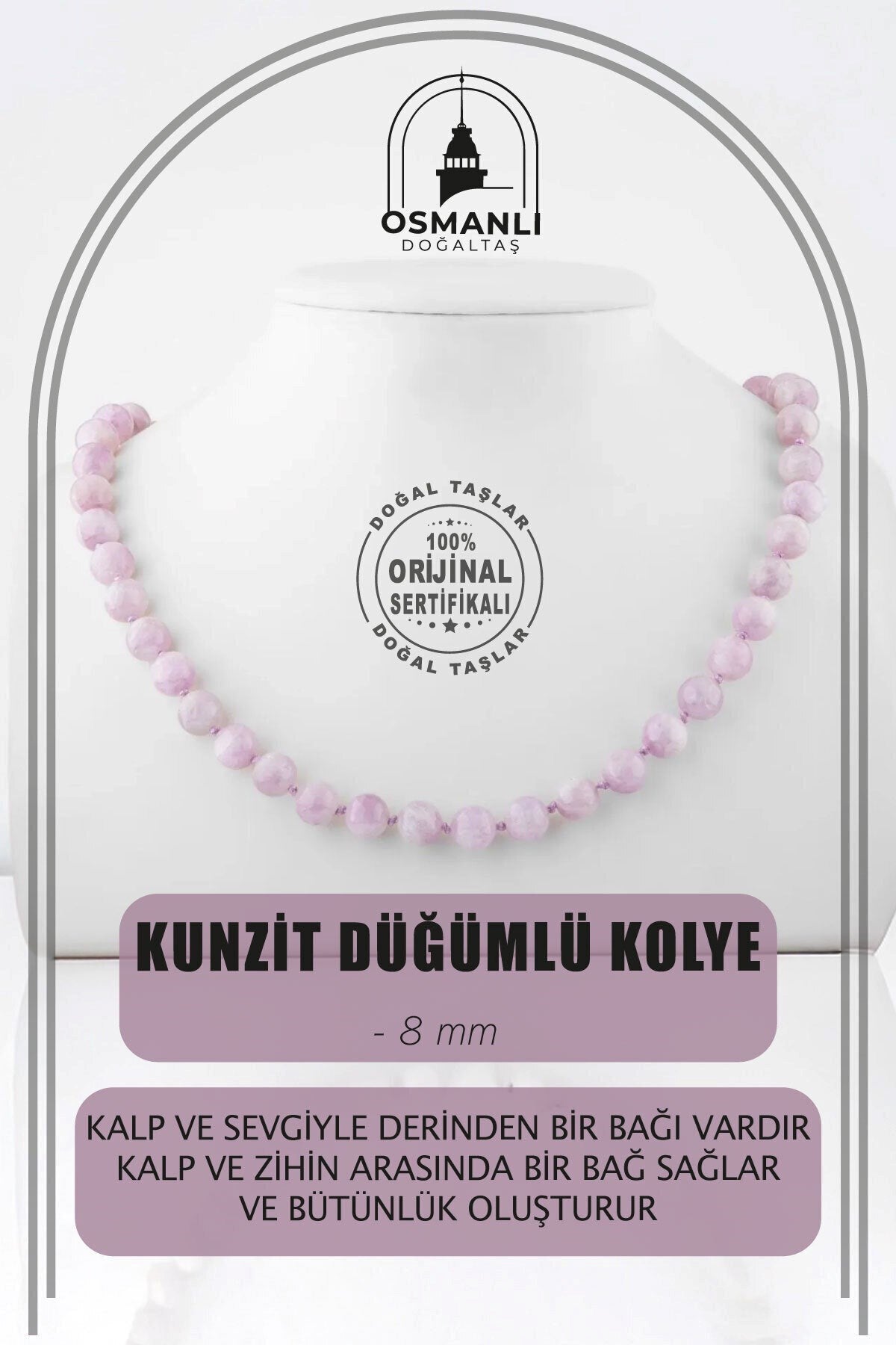 Kunzit 8 mm Düğümlü Doğal Taş Kolye