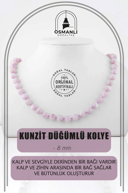 Kunzit 8 mm Düğümlü Doğal Taş Kolye