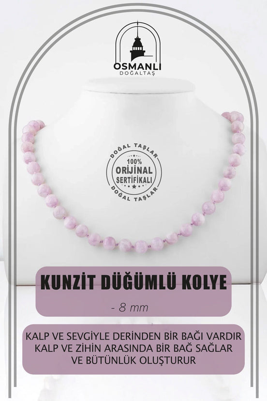 Kunzit 8 mm Düğümlü Doğal Taş Kolye
