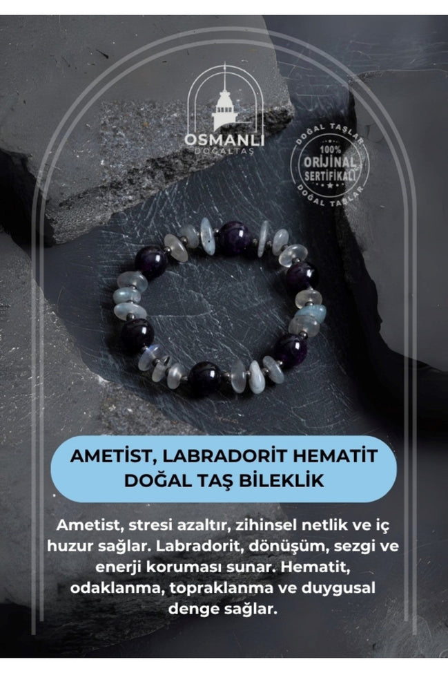 Sertifikalı Ametist, Labradorit Hematit Doğal Taş Bileklik