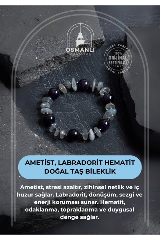 Sertifikalı Ametist, Labradorit Hematit Doğal Taş Bileklik
