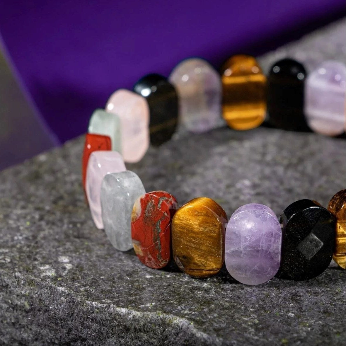 Başak Burcu Bileklik Ametist, Golden Obsidyen, Kaplan Gözü, Labradorit, Pembe Kuvars, Yosunlu Akik
