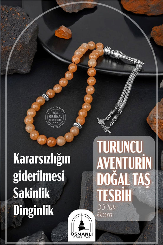 Turuncu Aventurin Doğal Taş Tesbih 33lük - 6mm