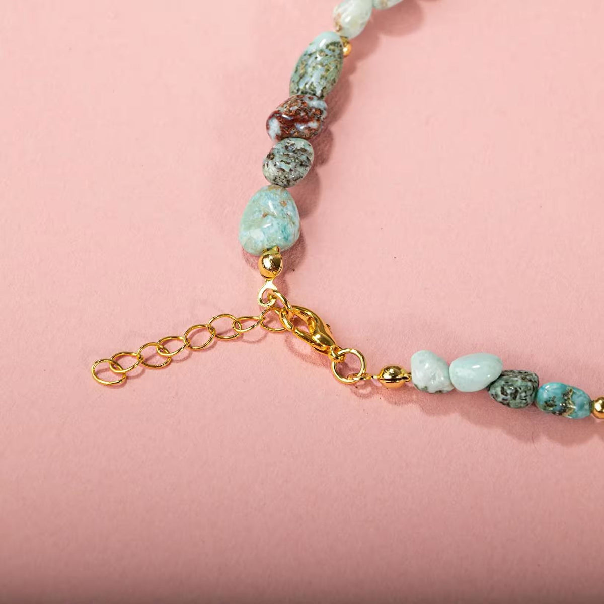 Larimar-Lal-Hematit-İnci-Ay Taşı Altın Kaplama Doğal Taş Kolye