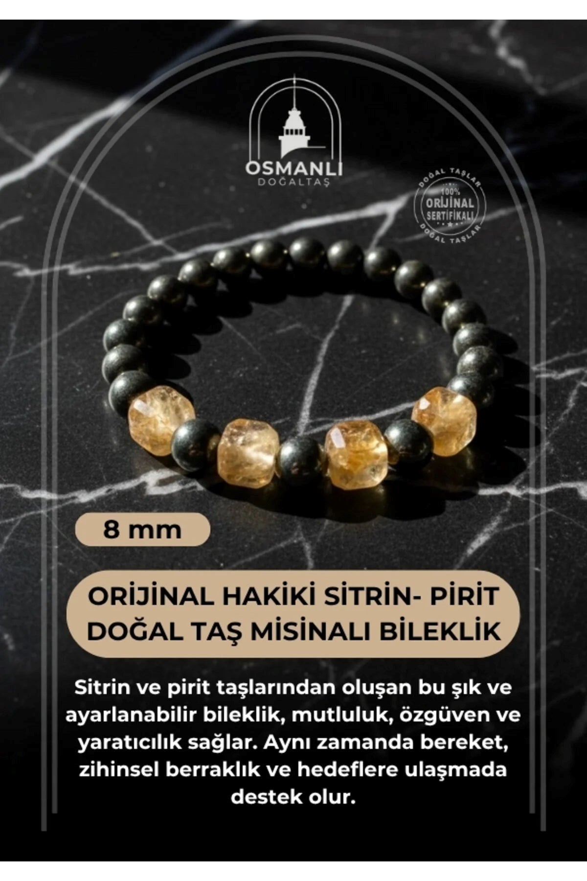 Orijinal Hakiki 8mm Sitrin - Pirit Doğal Taş Misinalı Bileklik