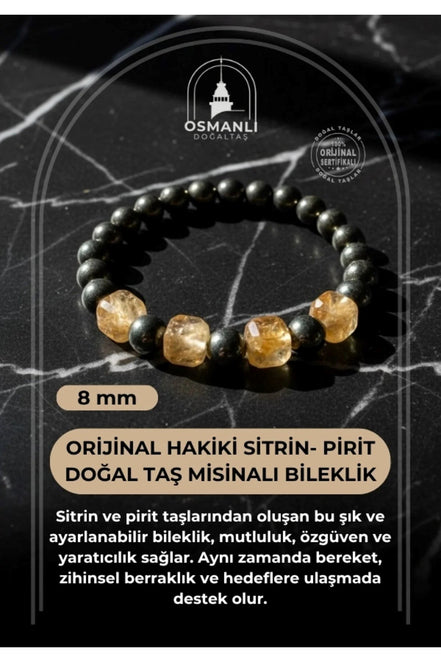 Orijinal Hakiki 8mm Sitrin - Pirit Doğal Taş Misinalı Bileklik