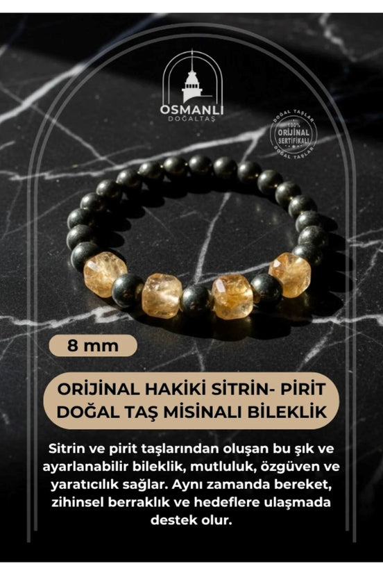 Orijinal Hakiki 8mm Sitrin - Pirit Doğal Taş Misinalı Bileklik
