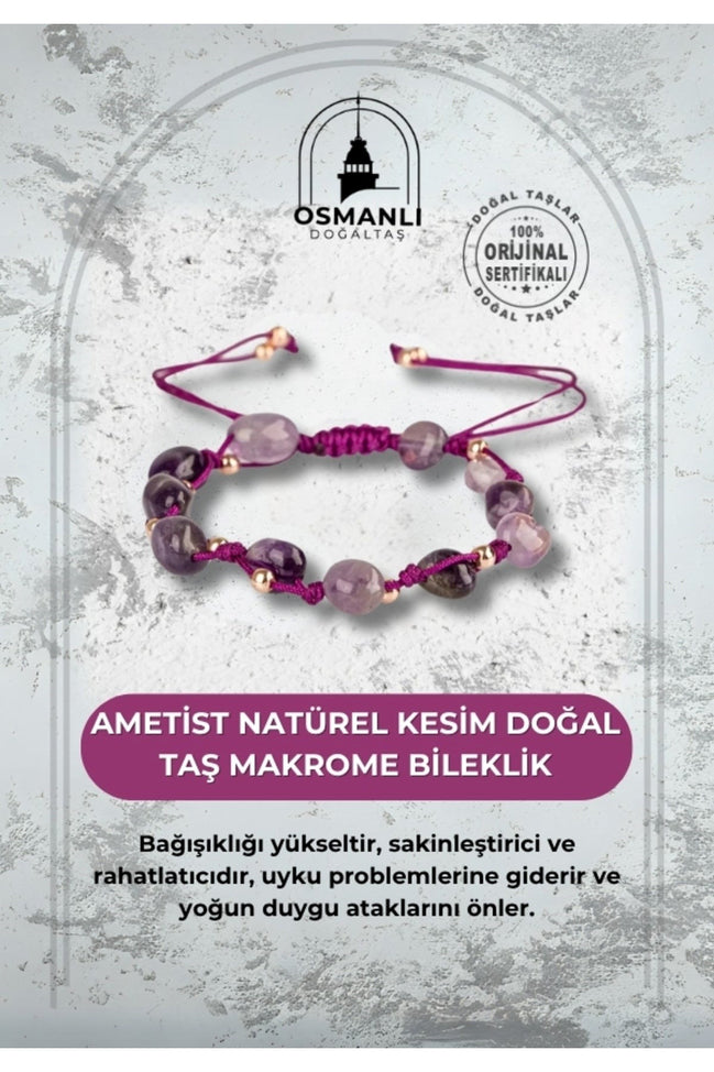 Ametist Natürel Kesim Doğal Taş Makrome Bileklik