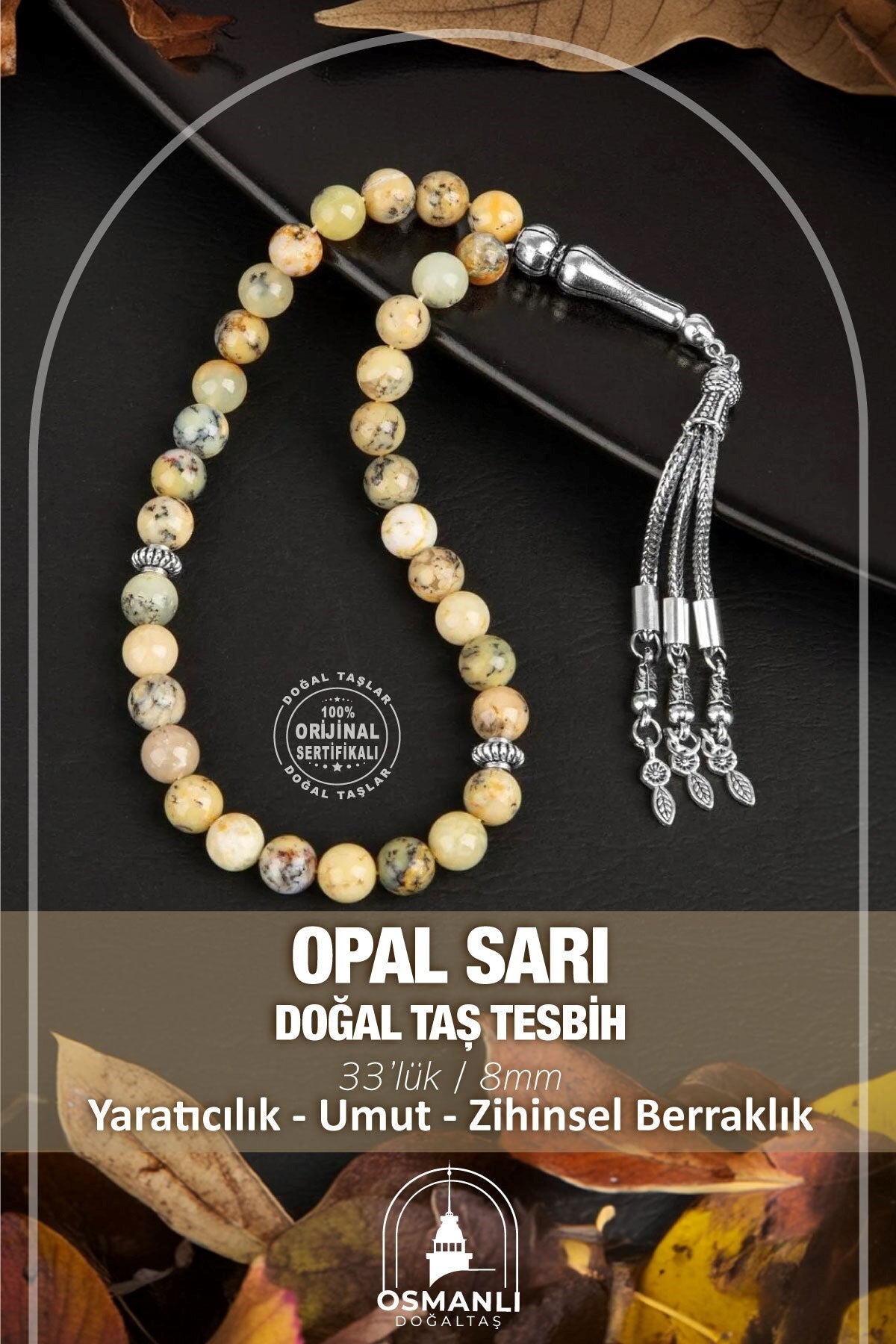 Opal Sarı Doğal Taş Tesbih 33lük - 8mm