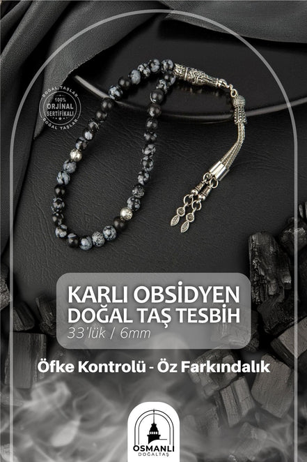 Karlı Obsidyen Doğal Taş Tesbih 33lük - 6mm