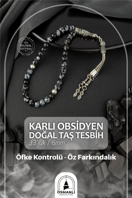 Karlı Obsidyen Doğal Taş Tesbih 33lük - 6mm