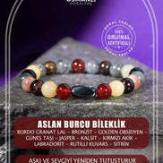 Aslan Burcu Bileklik Bordo Granat Lal, Bronzit, Golden Obsidyen, Güneş Taşı, Jasper, Kalsit, Kırmızı Akik, Labradorit, Rutilli Kuvars, Sitrin