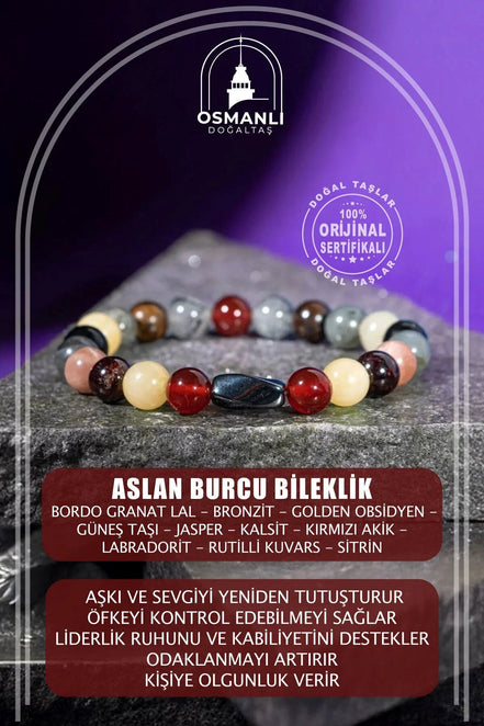 Aslan Burcu Bileklik Bordo Granat Lal, Bronzit, Golden Obsidyen, Güneş Taşı, Jasper, Kalsit, Kırmızı Akik, Labradorit, Rutilli Kuvars, Sitrin