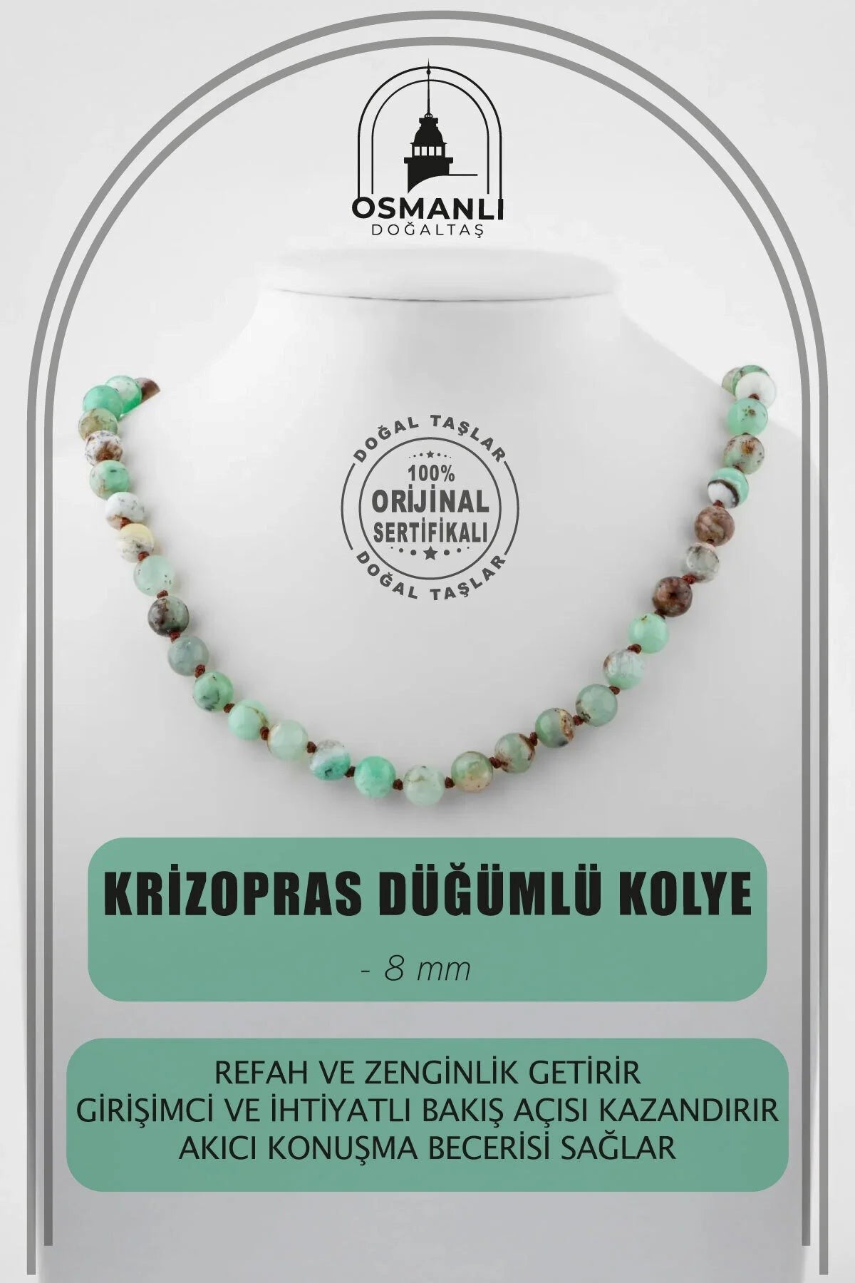 Krizopras 8 mm Düğümlü Doğal Taş Kolye