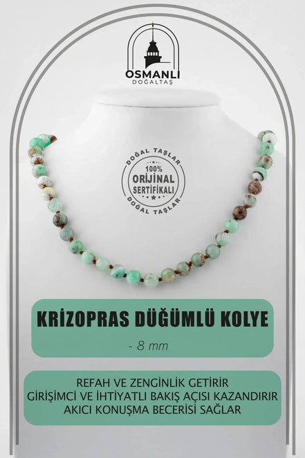 Krizopras 8 mm Düğümlü Doğal Taş Kolye
