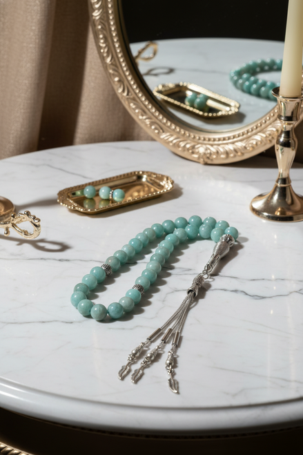 Amazonit Doğal Taş Tesbih – 8 mm Küre Kesim