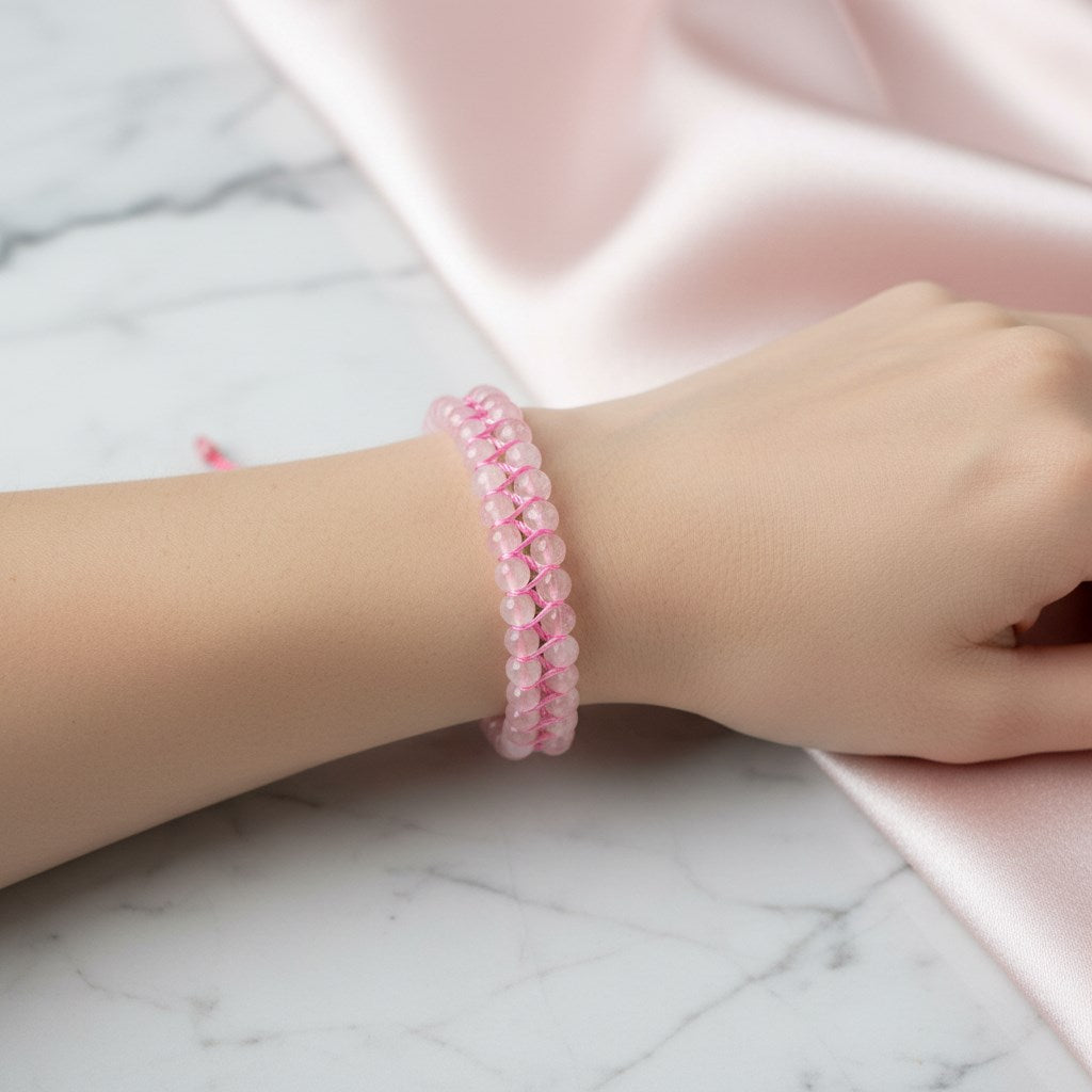 Pembe Kuvars (Gül Kuvars) 3-4 mm Çift Sıra Doğal Taş Bileklik – Unisex El İşçiliği