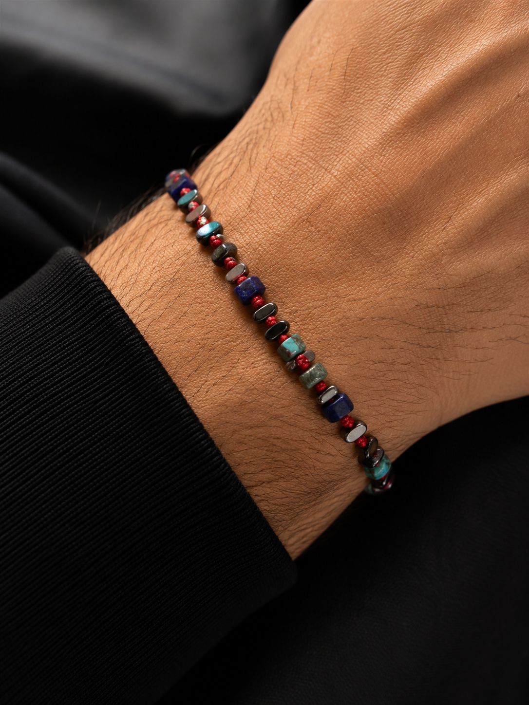Lapis Lazuli Turkuaz Hematit Gümüş Bileklik Kırmızı İp