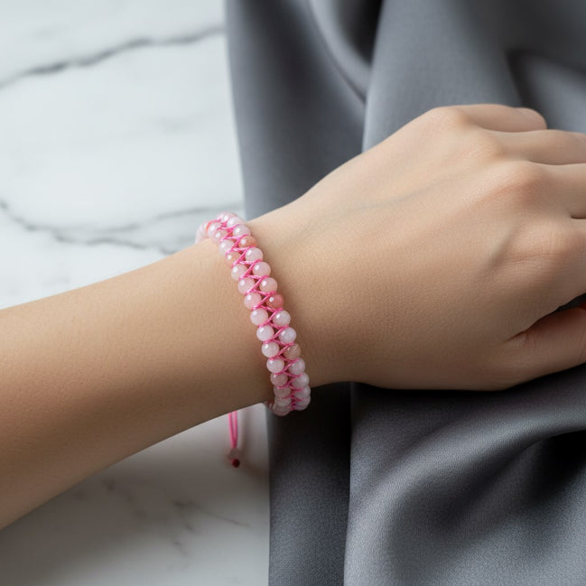 Opal Pembe 3-4 mm Çift Sıra Doğal Taş Bileklik – Unisex El İşçiliği